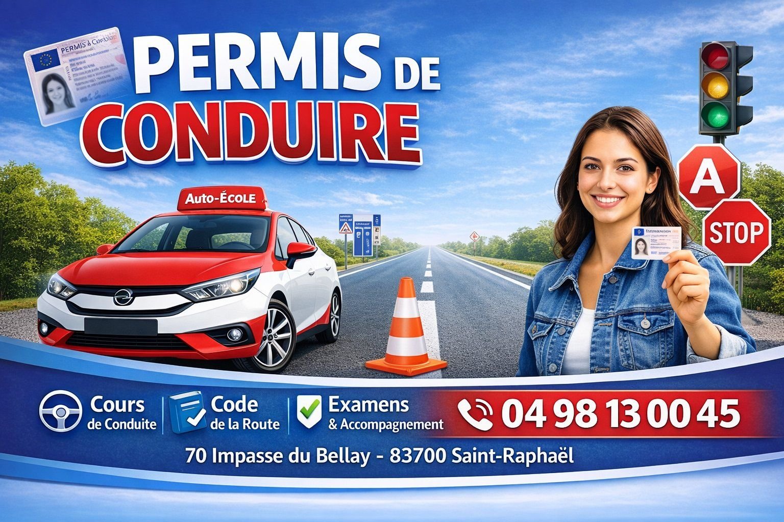 Permis de conduire Saint-Raphaël Fréjus – GLF : cours de conduite, code de la route, examens et accompagnement. 04 98 13 00 45. 70 Impasse du Bellay, 83700 Saint-Raphaël.
